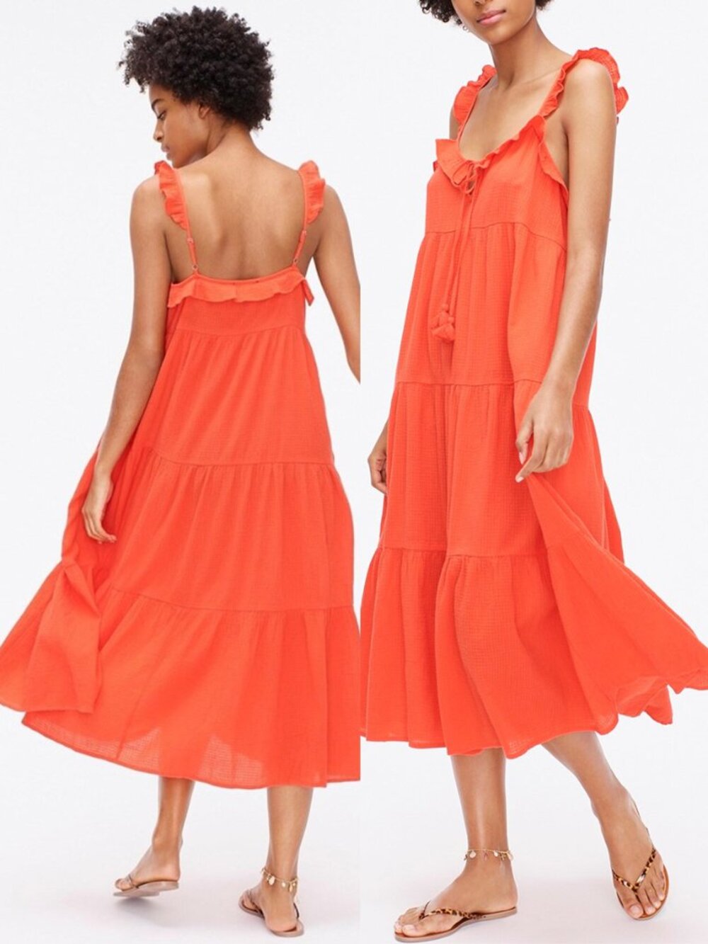 J. Crew Tiered Ruffle Maxi Dress M Crinkle Gauze 100% Cotton Red Orange $128 - Picture 3 of 16